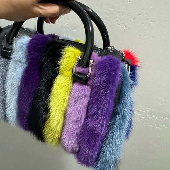 Multi Way Use Handmade Color-block Real Mink Fur Top Handles Satchel/Crossbody - Picture 14 of 16